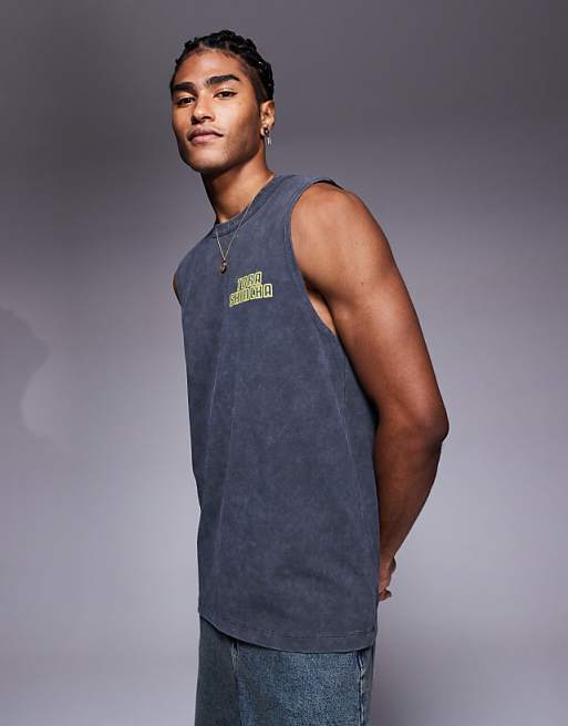 Asos ASOS DESIGN Heayweight Tank With Text Graphic In Washed Black