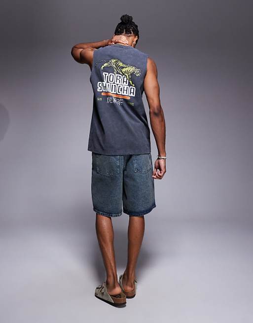 asos ASOS DESIGN heayweight tank with text graphic in washed black