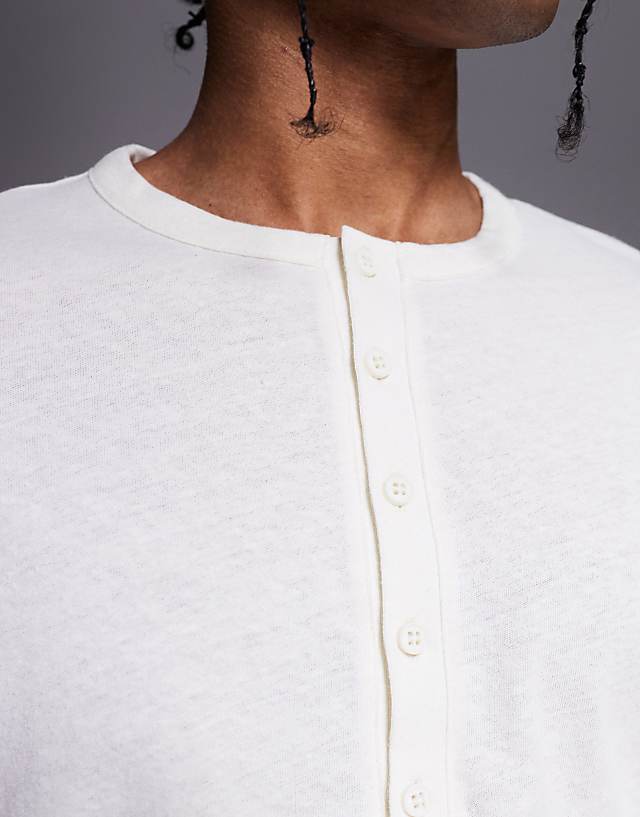 Asos ASOS DESIGN Henley Linen Mix Long Sleeve T-shirt In Cream