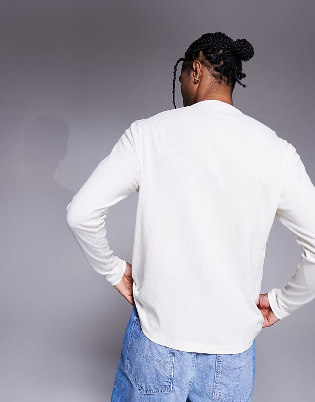 Asos ASOS DESIGN Henley Linen Mix Long Sleeve T-shirt In Cream