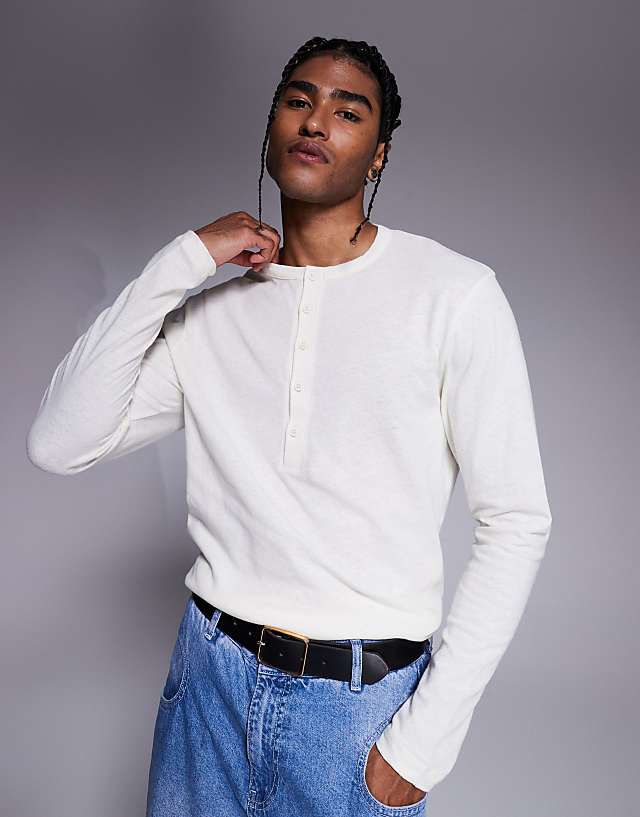 asos ASOS DESIGN henley linen mix long sleeve t-shirt in cream