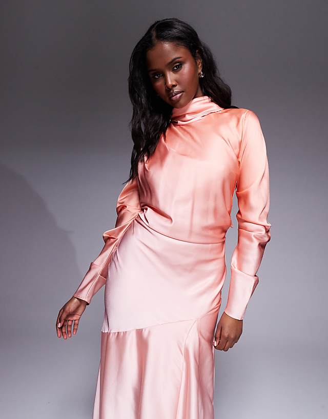 Asos ASOS DESIGN High Cowl Neck Maxi Dress In Coral Ombre