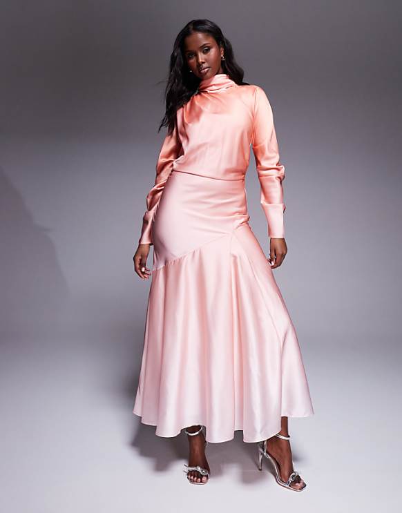 asos ASOS DESIGN high cowl neck maxi dress in coral ombre