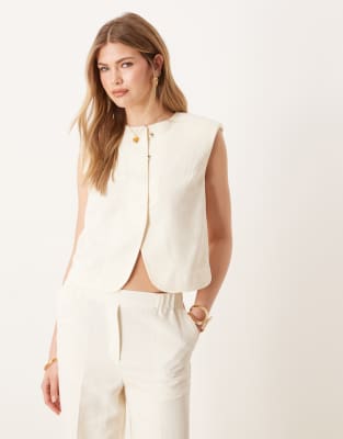 Asos ASOS DESIGN High Neck Boxy Waistcoat & Tailored Straight Leg Trouser Co-ord With Linen In Ivory