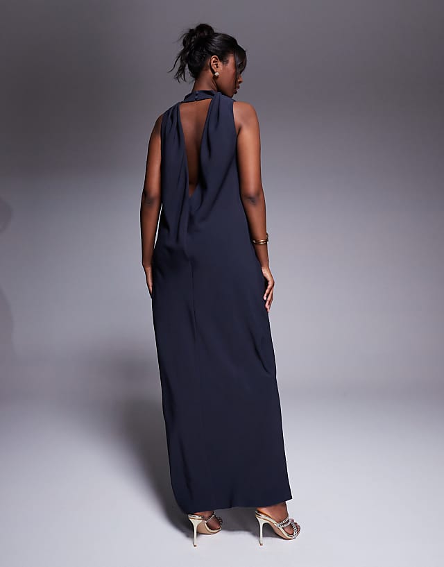 Asos ASOS DESIGN High Neck Column Maxi Dress With Open Back In Blue