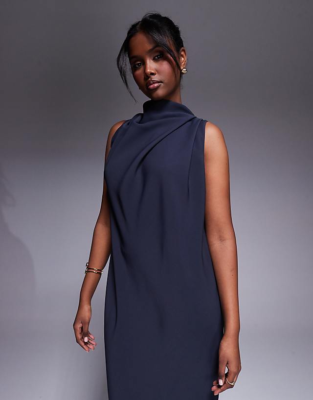 Asos ASOS DESIGN High Neck Column Maxi Dress With Open Back In Blue