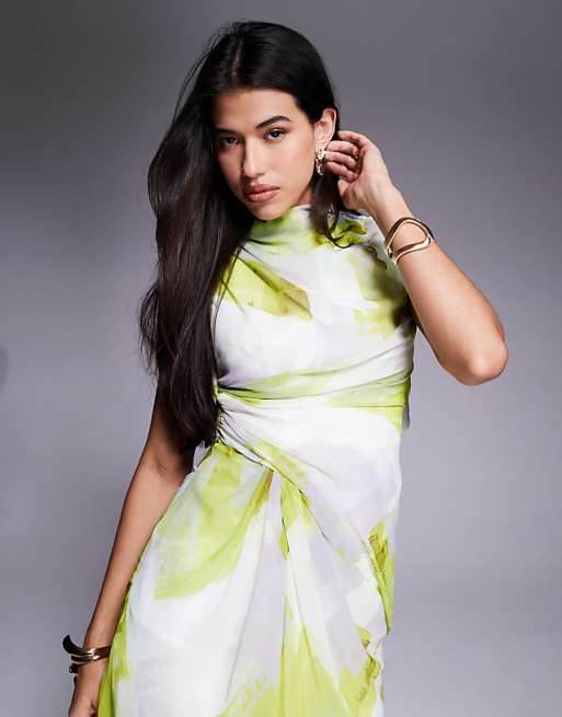 Asos ASOS DESIGN High Neck Drape Front Maxi In Abstract Print