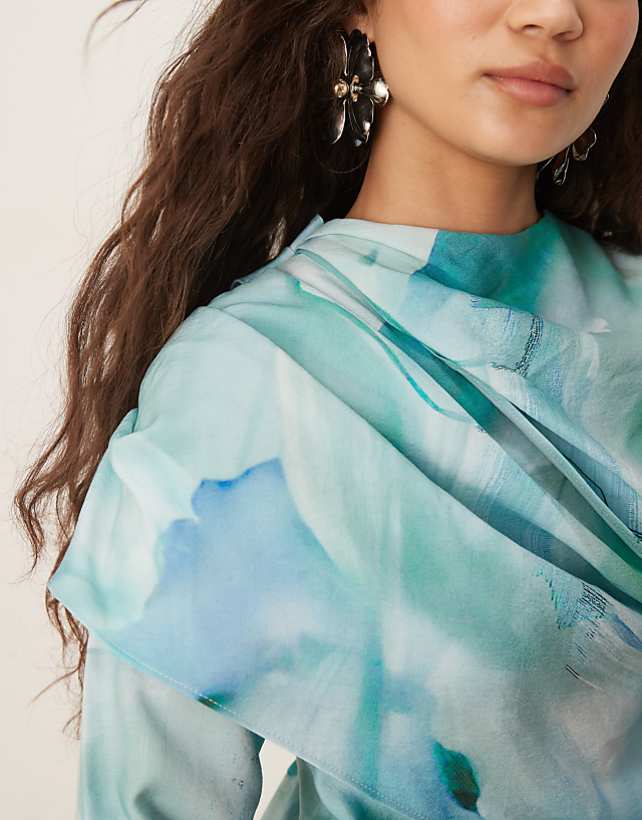 Asos ASOS DESIGN High Neck Draped Bodice Maxi Dress In Green Abstract Print