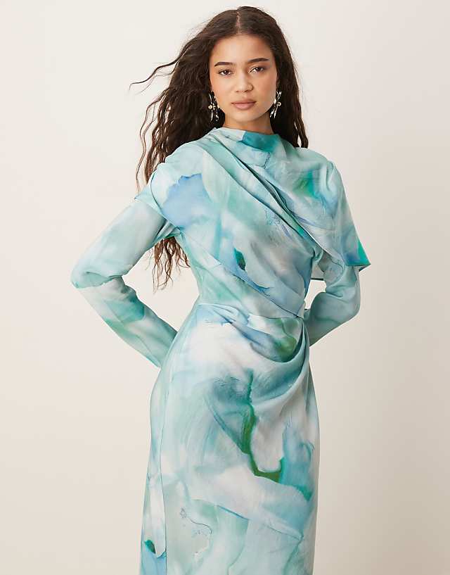Asos ASOS DESIGN High Neck Draped Bodice Maxi Dress In Green Abstract Print