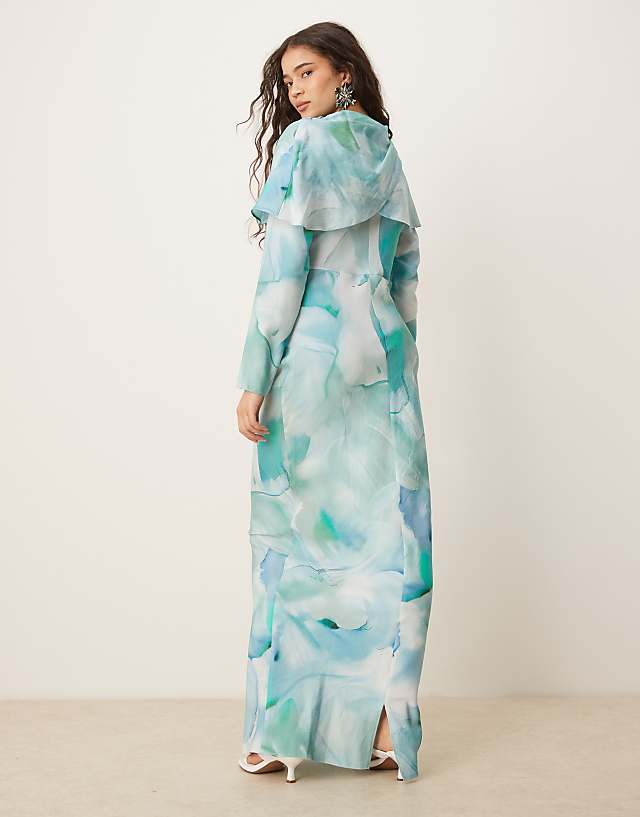 Asos ASOS DESIGN High Neck Draped Bodice Maxi Dress In Green Abstract Print