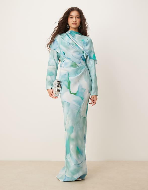 asos ASOS DESIGN high neck draped bodice maxi dress in green abstract print