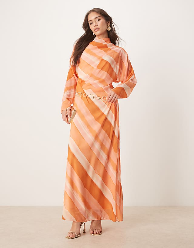 Asos ASOS DESIGN High Neck Maxi Dress In Pink Stripe Print