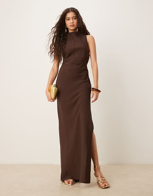 asos ASOS DESIGN high neck maxi dress with hardware trim in chocolate