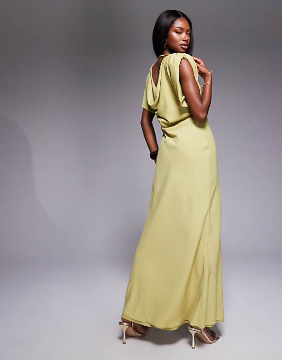 Asos ASOS DESIGN High Neck Satin Shoulder Pad Maxi Dress With Cowl Back In Olive