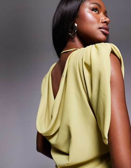 Asos ASOS DESIGN High Neck Satin Shoulder Pad Maxi Dress With Cowl Back In Olive
