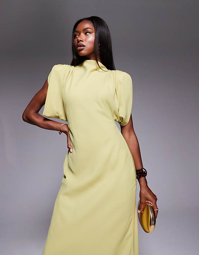 Asos ASOS DESIGN High Neck Satin Shoulder Pad Maxi Dress With Cowl Back In Olive
