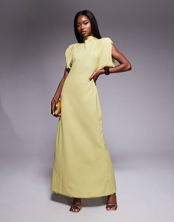 asos ASOS DESIGN high neck satin shoulder pad maxi dress with cowl back in olive