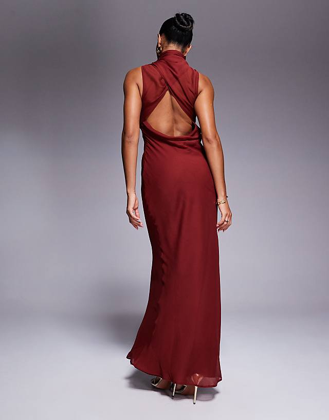 Asos ASOS DESIGN High Neck Wrap Over Bias Maxi Dress In Terracotta