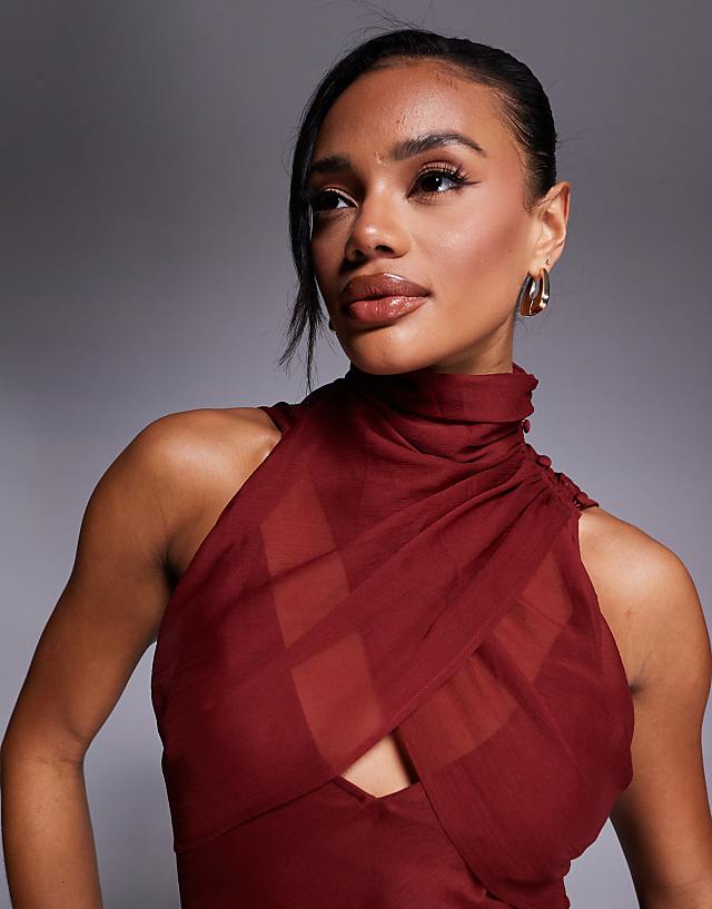 Asos ASOS DESIGN High Neck Wrap Over Bias Maxi Dress In Terracotta