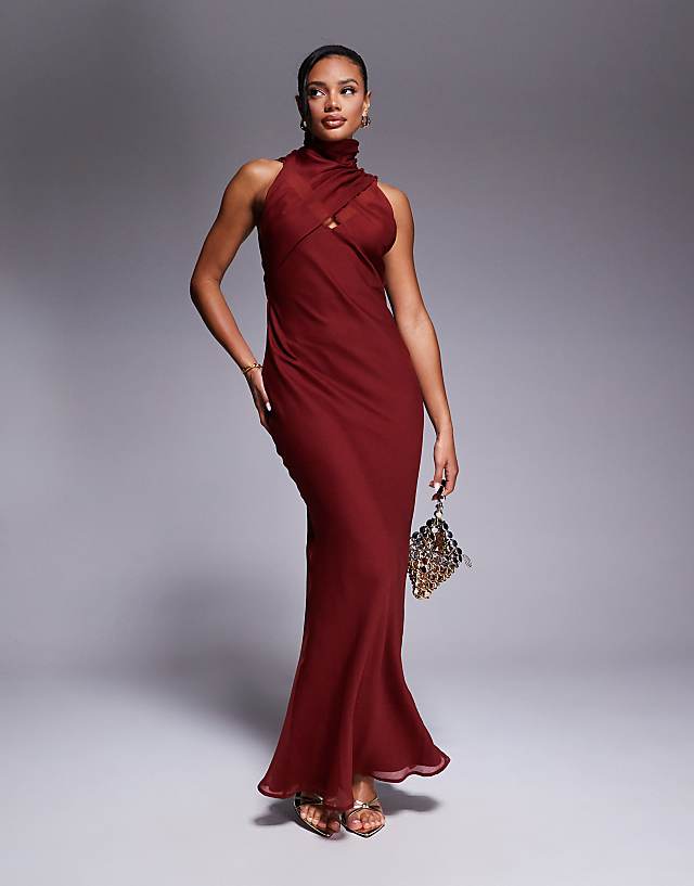 asos ASOS DESIGN high neck wrap over bias maxi dress in terracotta