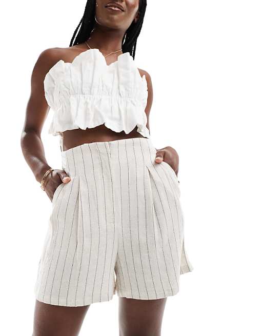 asos ASOS DESIGN high waist seam detail shorts with linen in stripe