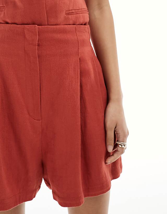 Asos ASOS DESIGN High Waist Seam Detail Shorts With Linen In Rust