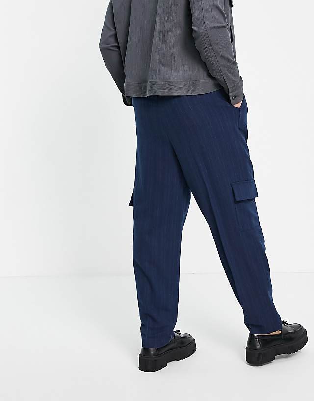 Asos ASOS DESIGN High Waist Slim Cargo Smart Trouser In Navy Stripe