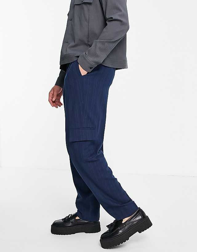 Asos ASOS DESIGN High Waist Slim Cargo Smart Trouser In Navy Stripe
