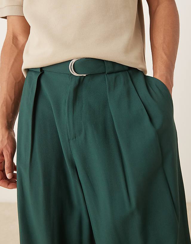 Asos ASOS DESIGN Horseshoe Fit Smart Trousers With Box Pleat And Belt In Green