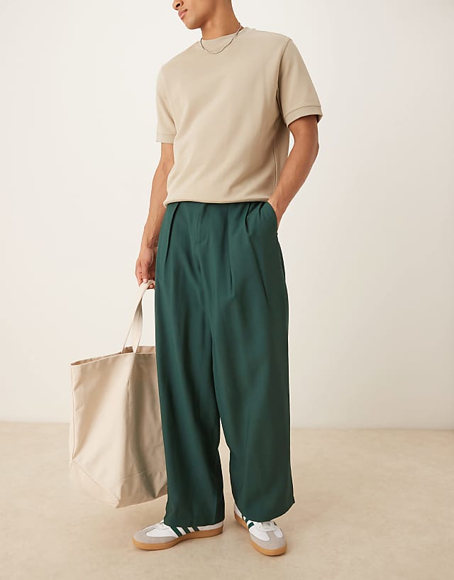 asos ASOS DESIGN horseshoe fit smart trousers with box pleat and belt in green