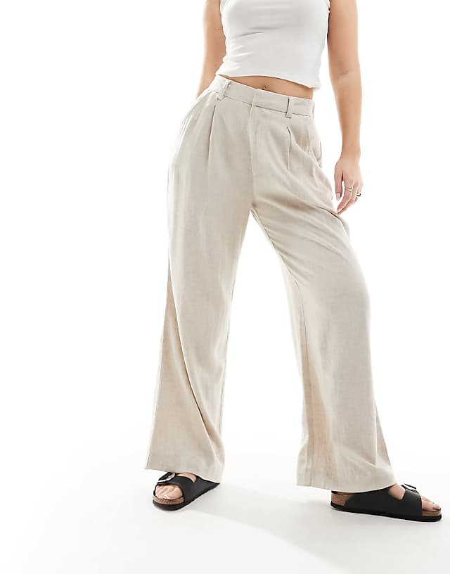 Asos ASOS DESIGN Hourglass Relaxed Straight Leg Trousers With Linen In Natural