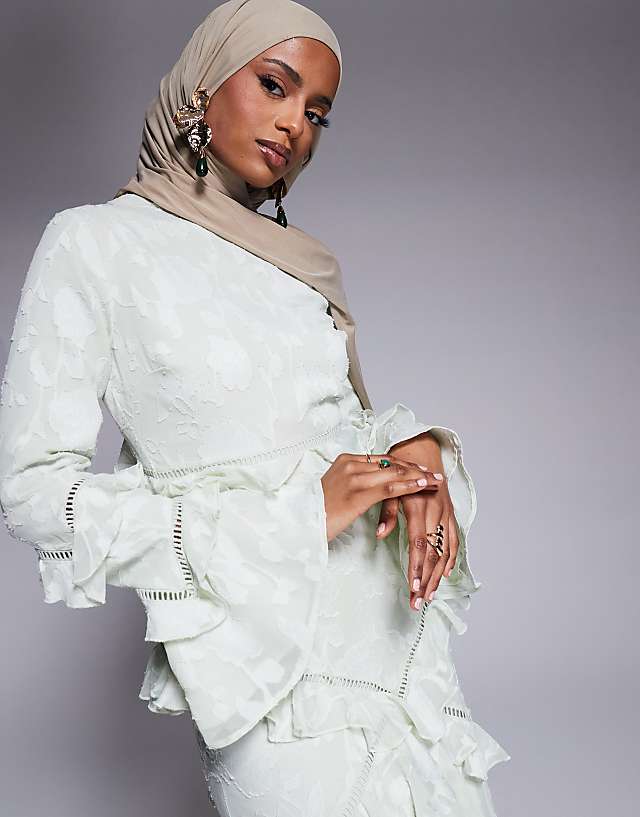 Asos ASOS DESIGN Jacquard Ruffle Long Sleeve Maxi Dress In Sage Green