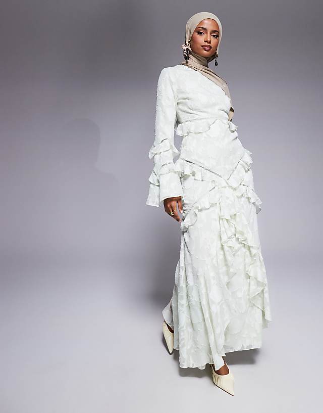 Asos ASOS DESIGN Jacquard Ruffle Long Sleeve Maxi Dress In Sage Green