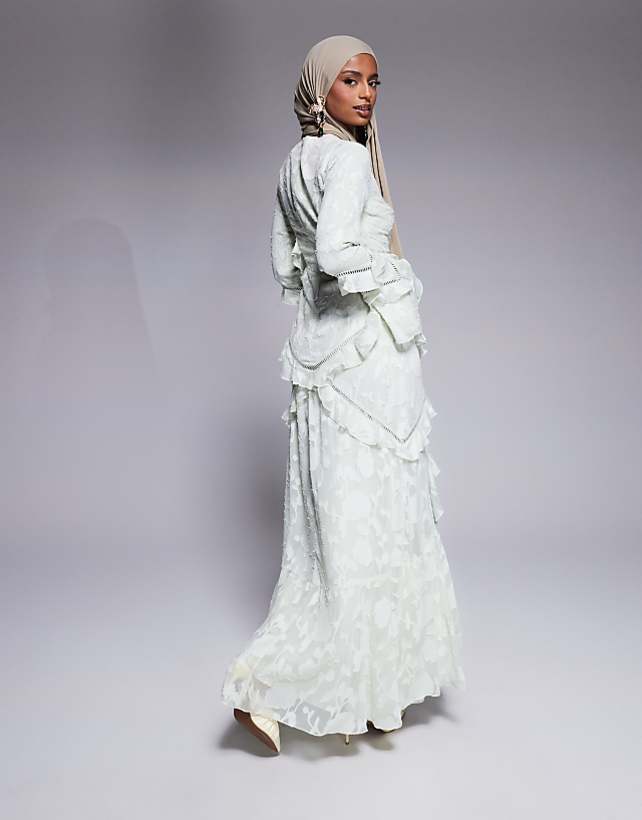 Asos ASOS DESIGN Jacquard Ruffle Long Sleeve Maxi Dress In Sage Green