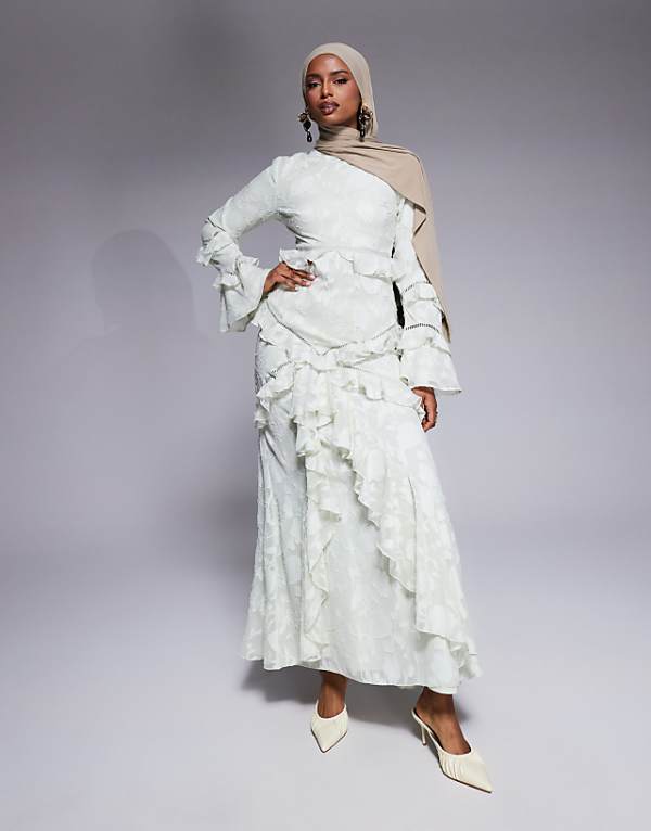 asos ASOS DESIGN jacquard ruffle long sleeve maxi dress in sage green