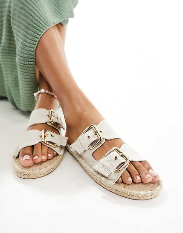 asos ASOS DESIGN Jada double buckle espadrille mules in natural linen