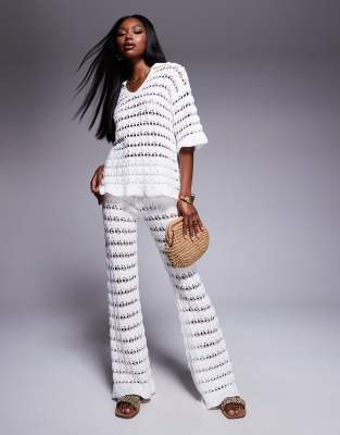 Asos ASOS DESIGN Knitted Collared Pretty Stitch Shirt & Wide Leg Trouser Co-ord In White
