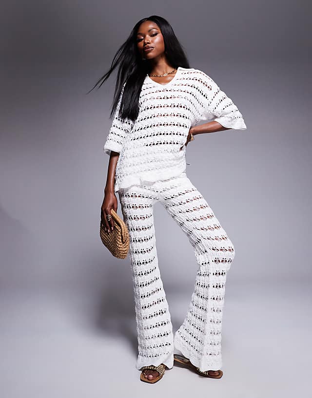 asos ASOS DESIGN knitted collared pretty stitch shirt & wide leg trouser co-ord in white