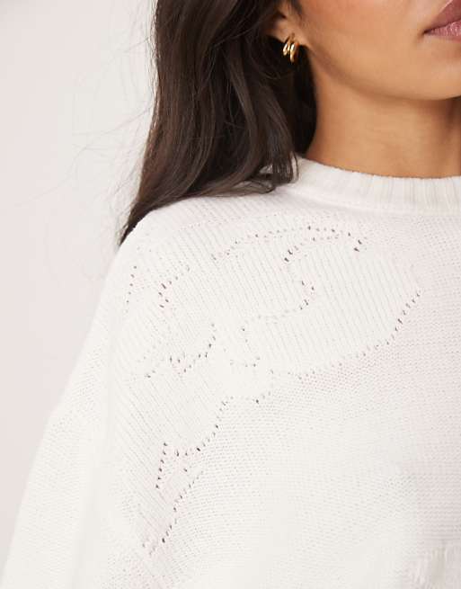 Asos ASOS DESIGN Knitted Crew Neck Jumper With Flower Stitch In Cream