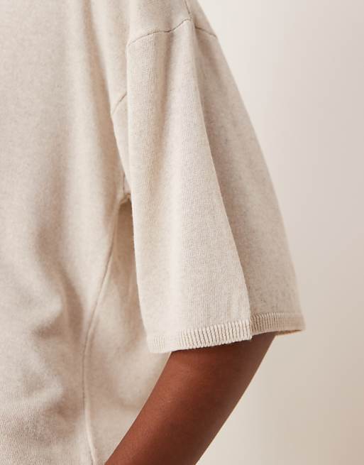 Asos ASOS DESIGN Knitted Relaxed T-shirt In Linen Mix In Stone