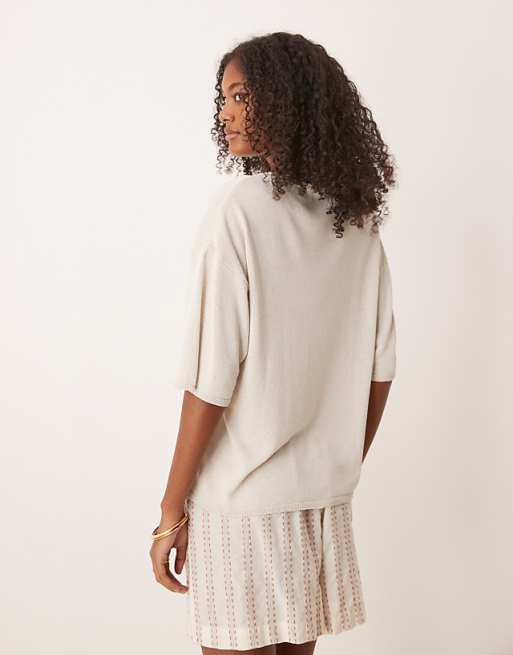 Asos ASOS DESIGN Knitted Relaxed T-shirt In Linen Mix In Stone