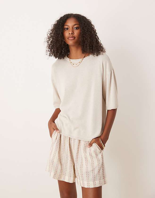 asos ASOS DESIGN knitted relaxed t-shirt in linen mix in stone