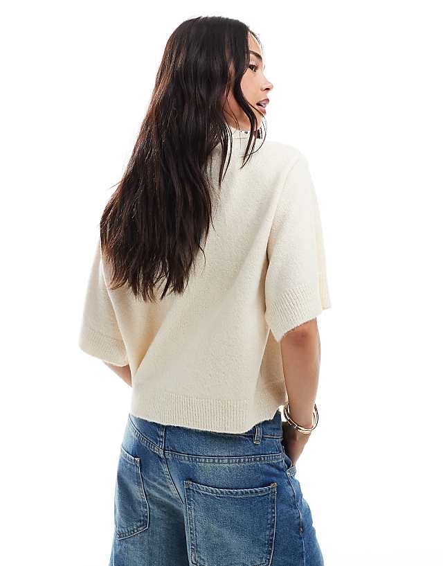 Asos ASOS DESIGN Knitted Short Sleeve Shirt Cardigan In Cream