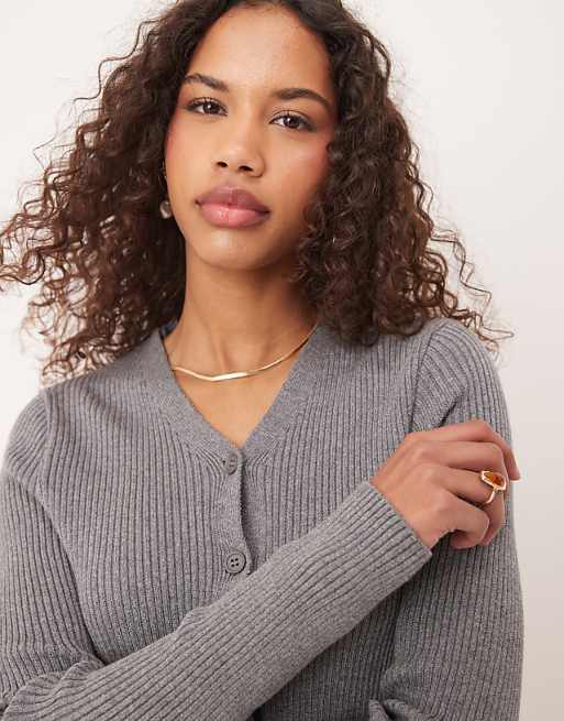 Asos ASOS DESIGN Knitted V Neck Rib Cardigan In Grey
