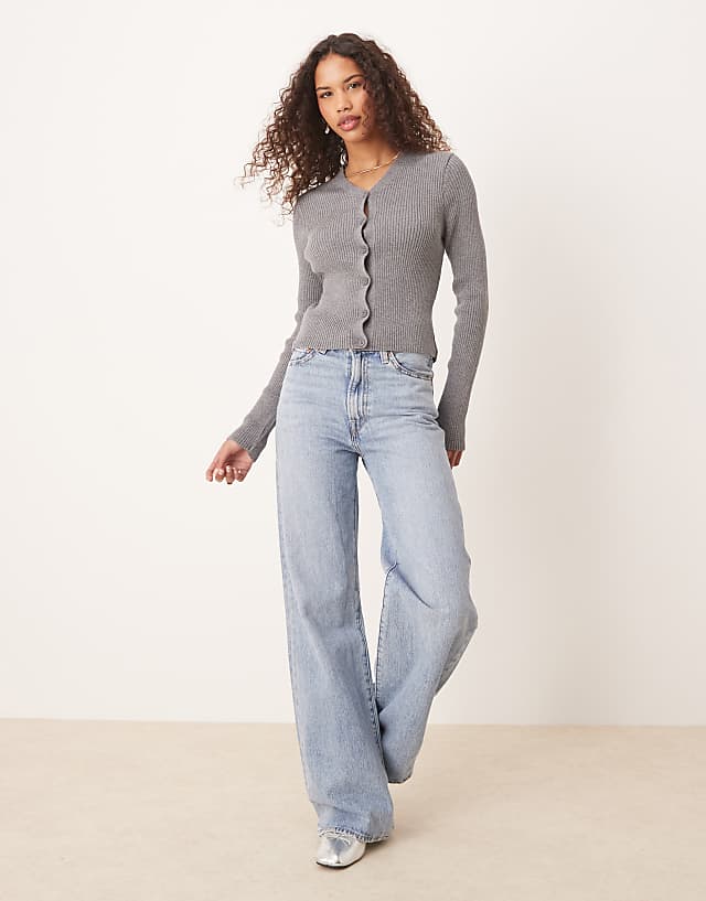 Asos ASOS DESIGN Knitted V Neck Rib Cardigan In Grey