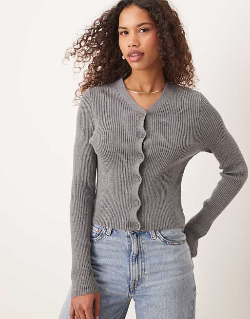 asos ASOS DESIGN knitted v neck rib cardigan in grey asos ASOS DESIGN knitted v neck rib cardigan in grey