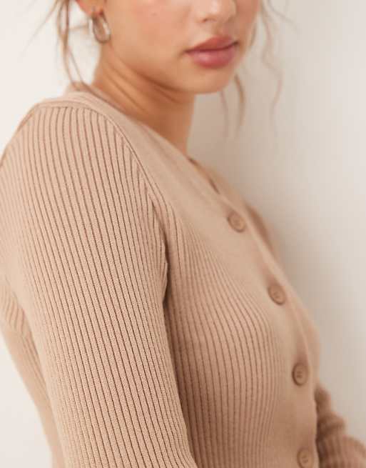 Asos ASOS DESIGN Knitted V Neck Rib Cardigan In Mocha