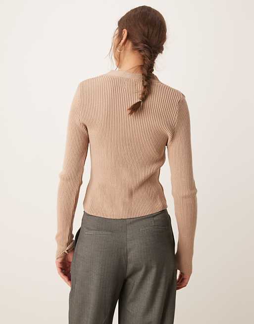 Asos ASOS DESIGN Knitted V Neck Rib Cardigan In Mocha