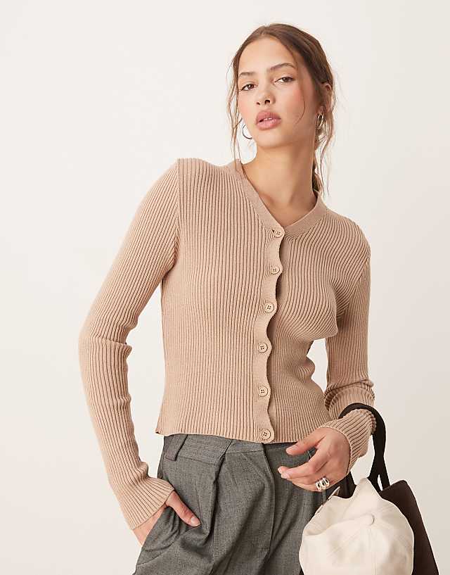 asos ASOS DESIGN knitted v neck rib cardigan in mocha