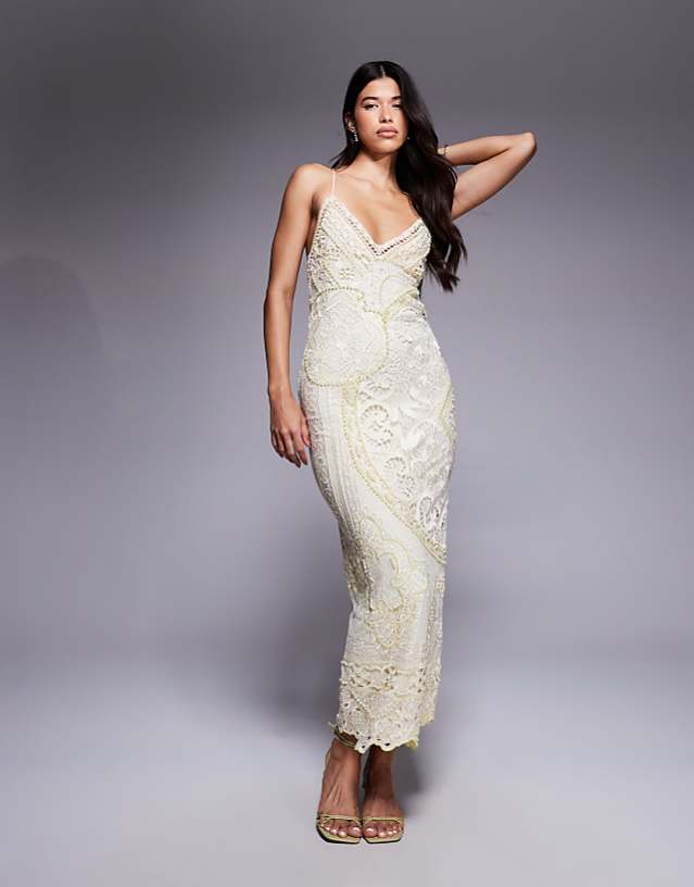 asos ASOS DESIGN lace applique embellished cami maxi in yellow